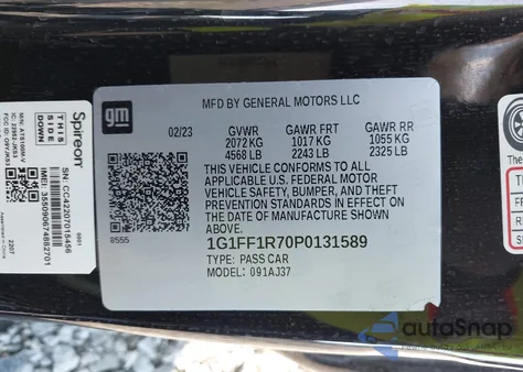 2023 Chevrolet Camaro Rwd 1Ss z USA, uszkodzony, nr VIN 1G1FF1R70P0131589